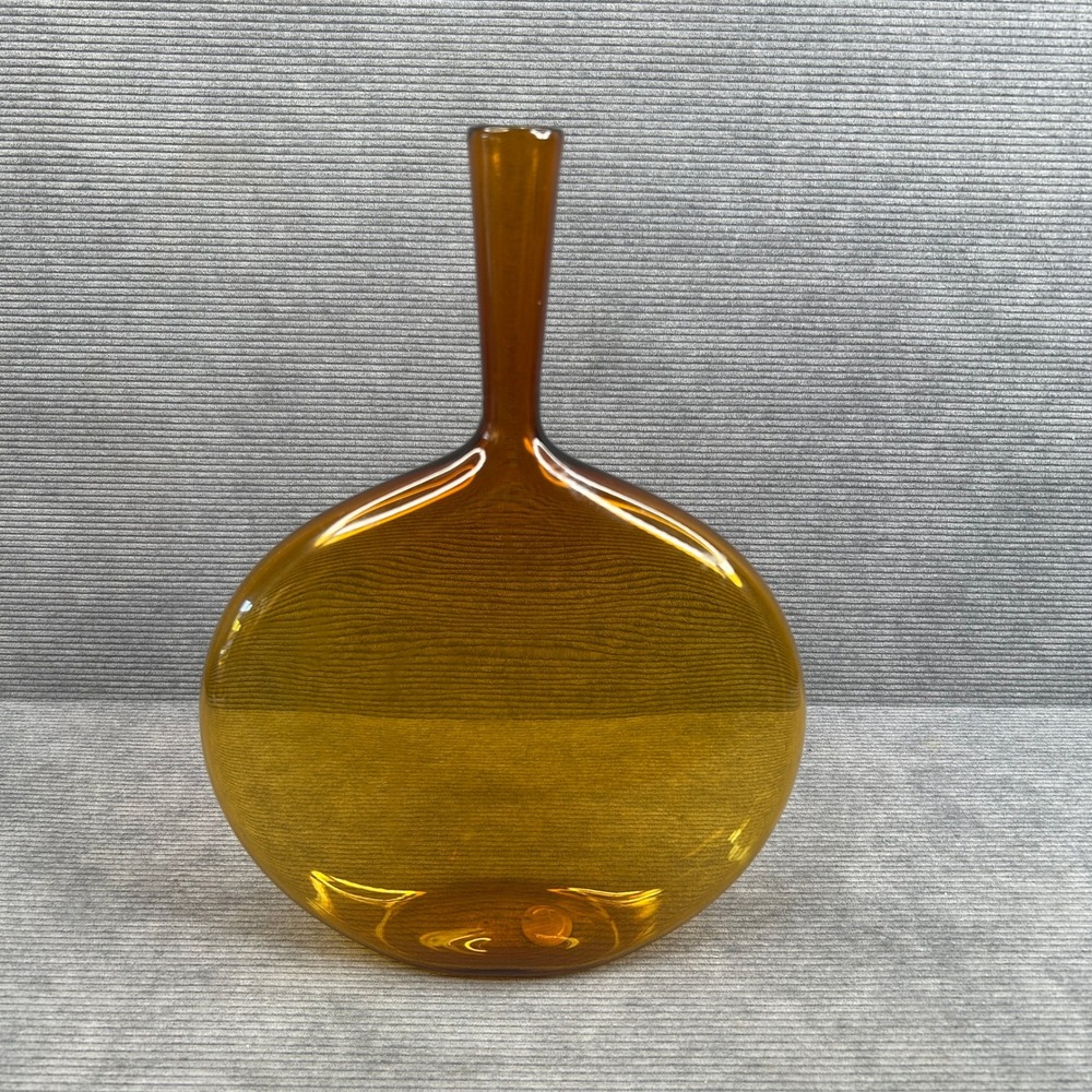 Amber Glass Vase Mid Century Modern Flat Circular Bud Vase Long Neck 12 Inch Y2k